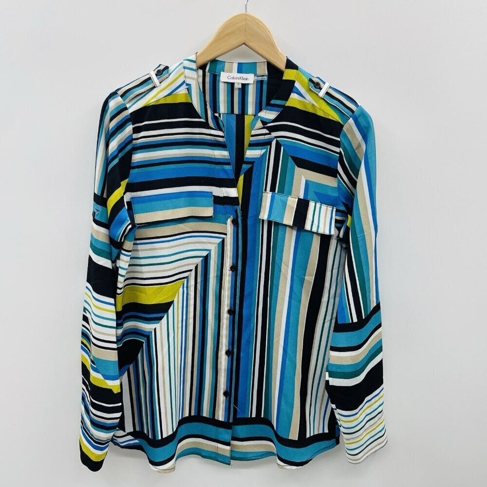 Calvin Klein Womens Size Small Striped Long Sleeve Button Down Blouse Blue‎ 598